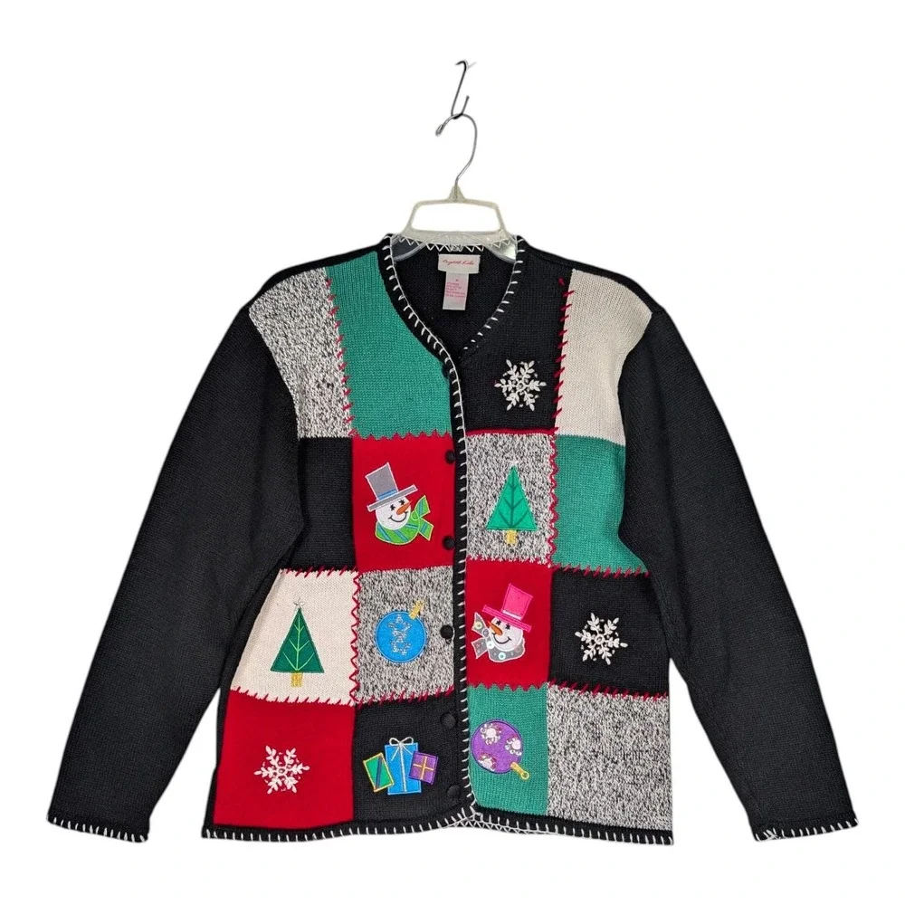 Crystal Kobe Cardigan Sweater Womens Medium Black Patchwork Holiday Christmas‎